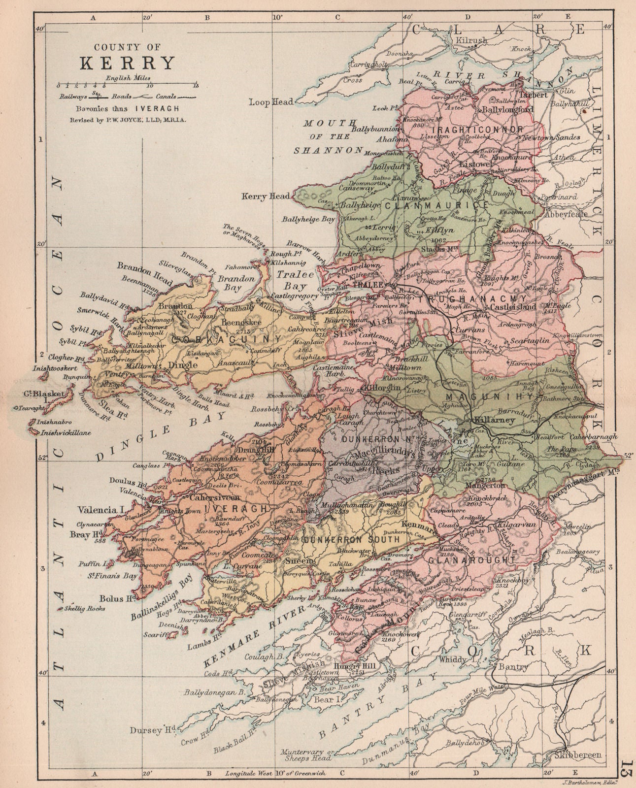 COUNTY KERRY. Antique county map. Munster. Ireland. BARTHOLOMEW 1882 old